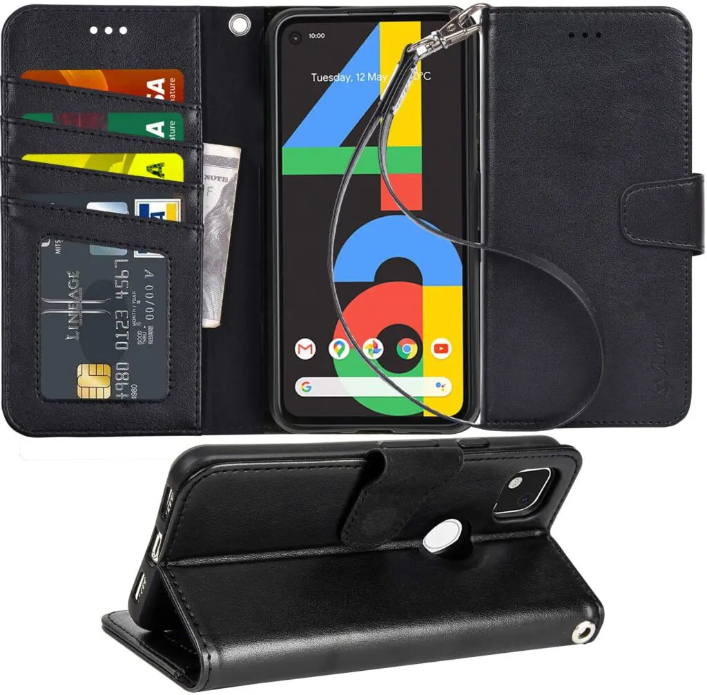 Arae Case for Google Pixel 4A PU Leather Wallet Case Cover with Wrist Strap