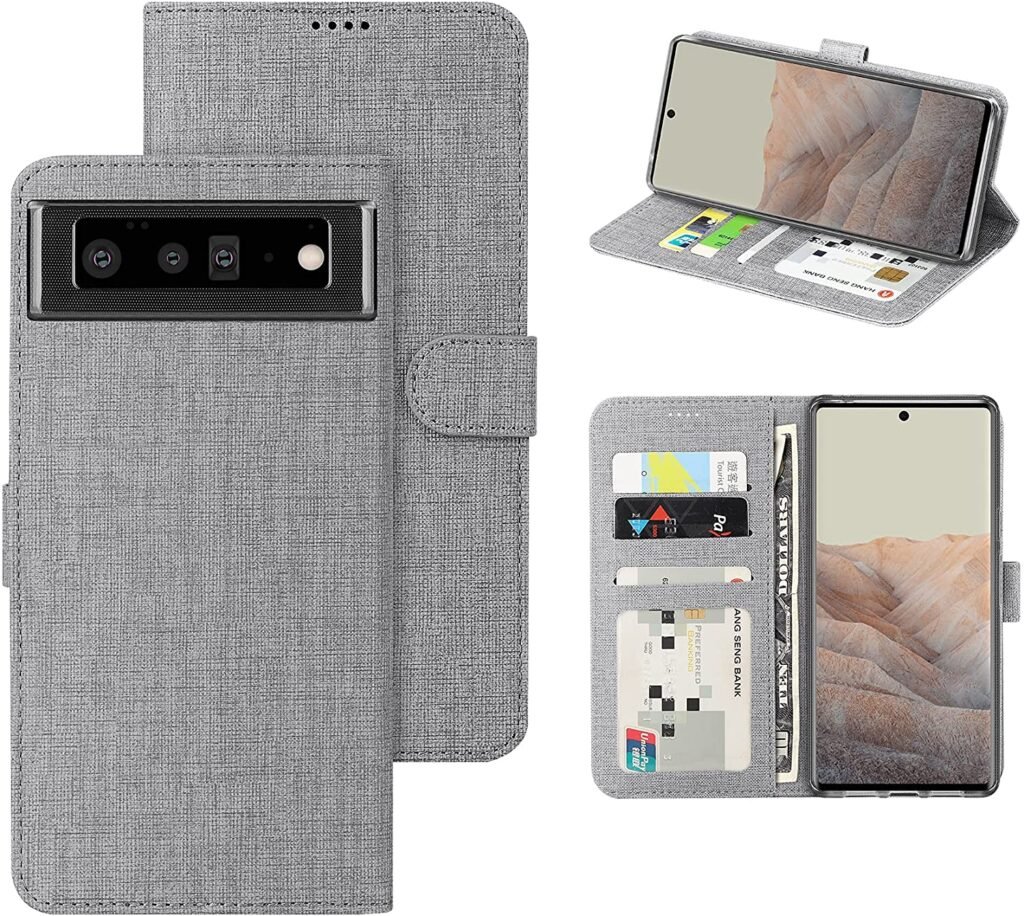 Foluu for Google Pixel 6 Case, Pixel 6 2021 Wallet Case Canvas Flip Folio Soft TPU Cover Bumper Kickstand Ultra Slim Strong Magnetic Closure Cover for Google Pixel 6 Case 2021 (Gray)