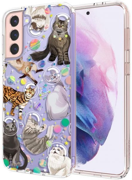 MOSNOVO Galaxy S21 Case, Cute Space Cat Pattern Clear Design Transparent Plastic Hard Back Case with TPU Bumper Protective Case Cover for Samsung Galaxy S21 5G