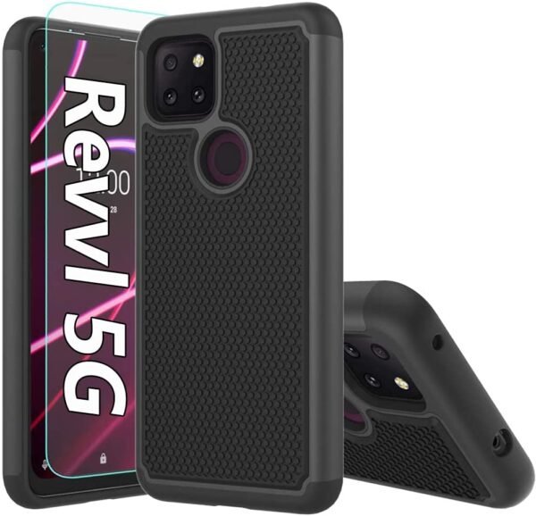 T-Mobile Revvl 5G Case,Revvl 5G Case,with HD Screen Protector [Shock Absorption] Hybrid Dual Layer TPU & Hard Back Cover Bumper Protective Case Cover for T-Mobile Revvl 5G (Black Armor)