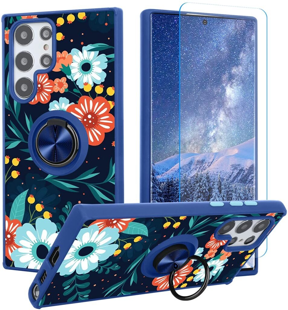 OOK Designed for Samsung Galaxy S22 Ultra Case Blue Flower Floral Design with Ring Grip Holder Stand 360 Degree Kickstand Screen Protector