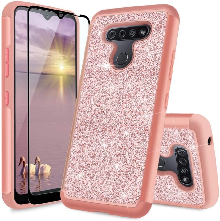 TJS Phone Case Compatible with LG Stylo 6, with Full Coverage Tempered Glass Screen Protector - Glitter Bling Cute Girls Women Design Dual Layer Heavy Duty Hybrid Cover (Rose Gold)