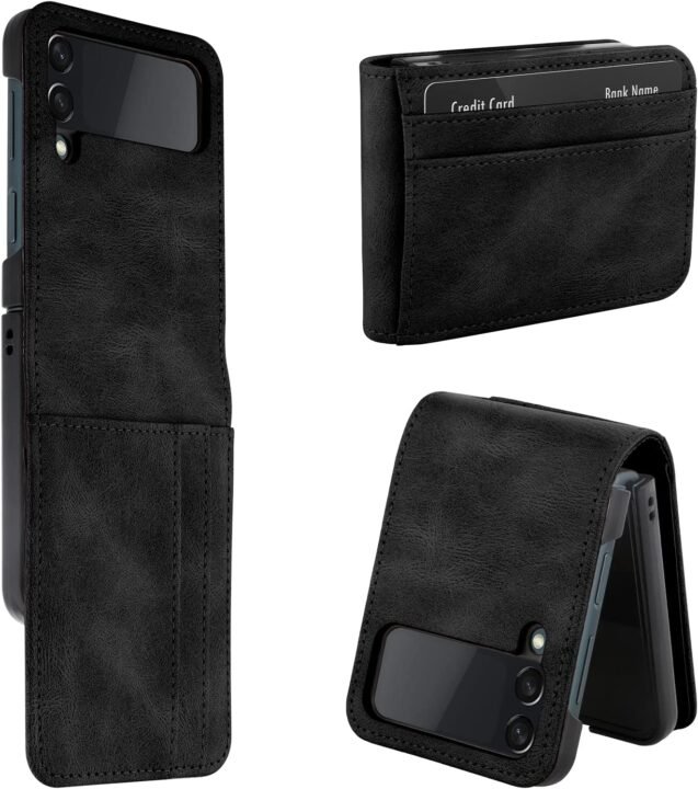 Marphe Wallet Case for Samsung Galaxy Z Flip 4 Case with 3-Card Credit Card Holder Slot Shockproof Cover Slim Fit PU Leather Protective Phone Case Compatible with Galaxy Z Flip 4-Black