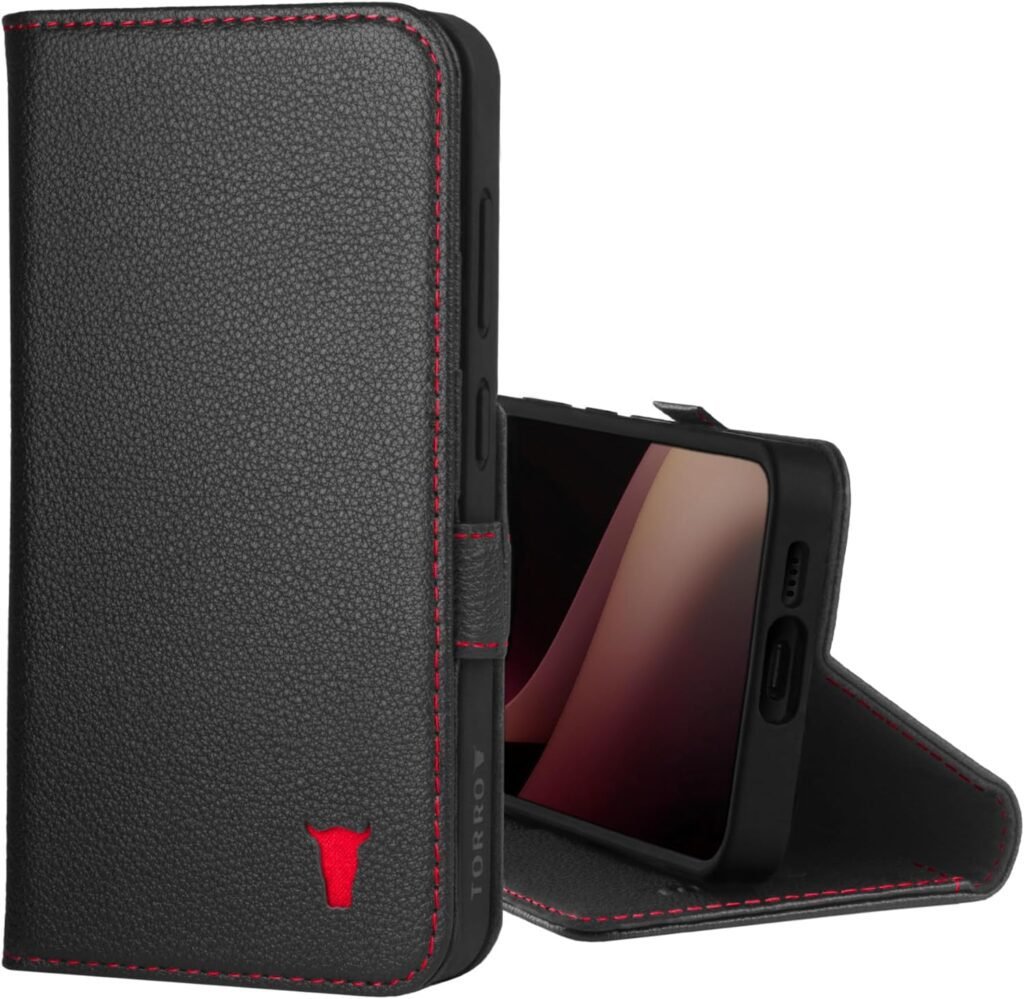 TORRO Case Compatible with Samsung Galaxy S24 Case – Premium Leather Wallet Case with Kickstand and Card Slots (Black with Red Detail)