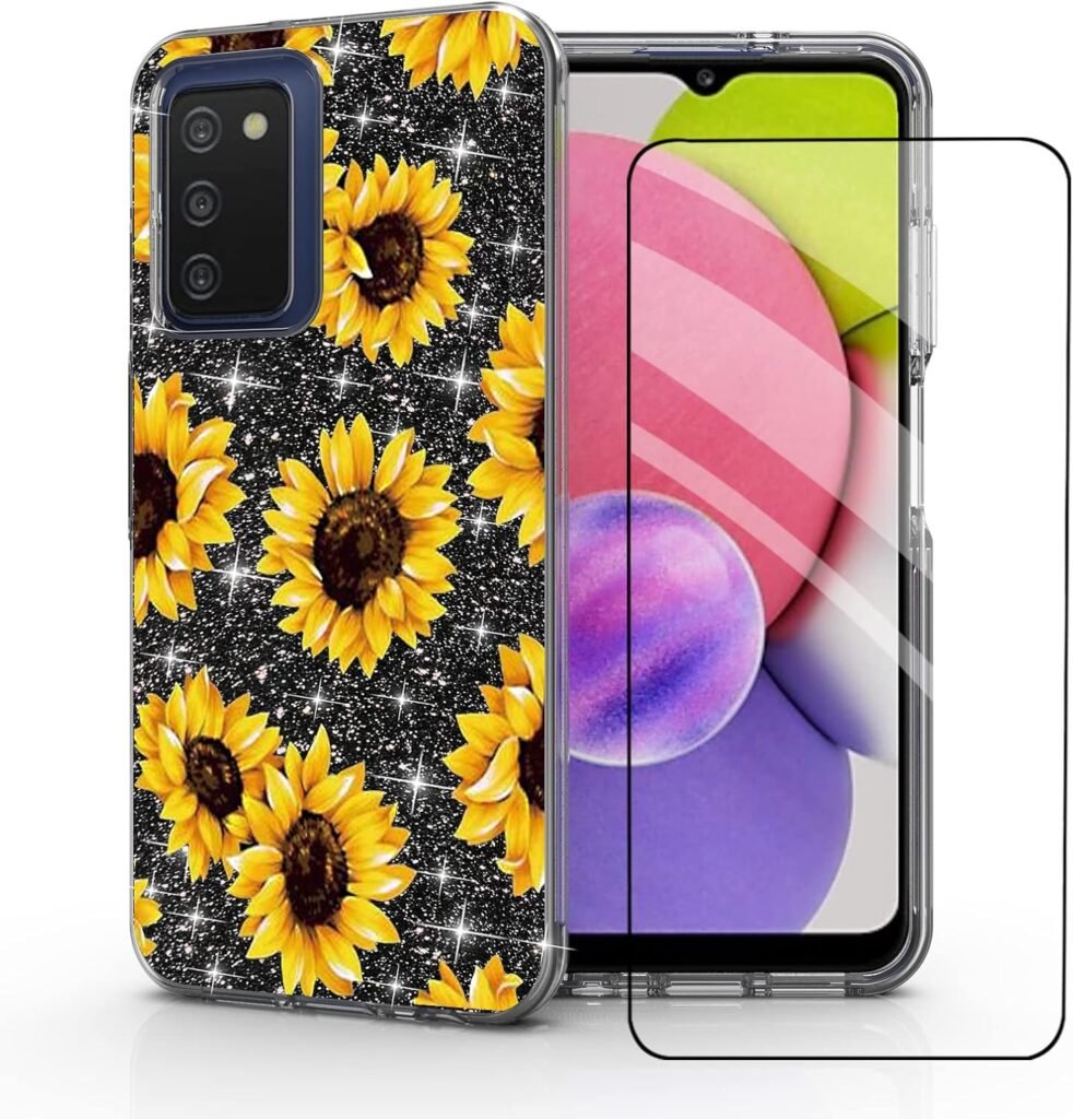 DDTKZC for Samsung A03s Case,Samsung A03s Phone Case, Tempered Glass Protector Lustre Pattern-Sparkle 2 in 1 Clear Shockproof Case for Samsung Galaxy A03s - Yellow Sunflower, for Samsung Galaxy A03s